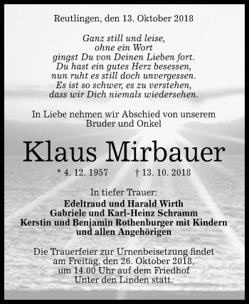 Anzeige von Klaus Mirbauer von Reutlinger General-Anzeiger