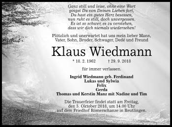 Anzeige von Klaus Wiedmann von Reutlinger General-Anzeiger