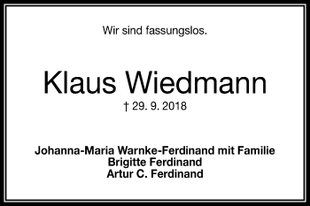 Anzeige von Klaus Wiedmann von Reutlinger General-Anzeiger