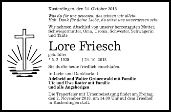 Anzeige von Lore Friesch von Reutlinger General-Anzeiger