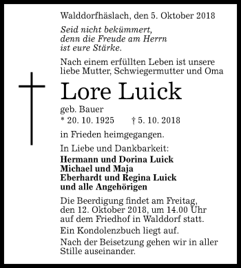 Anzeige von Lore Luick von Reutlinger General-Anzeiger