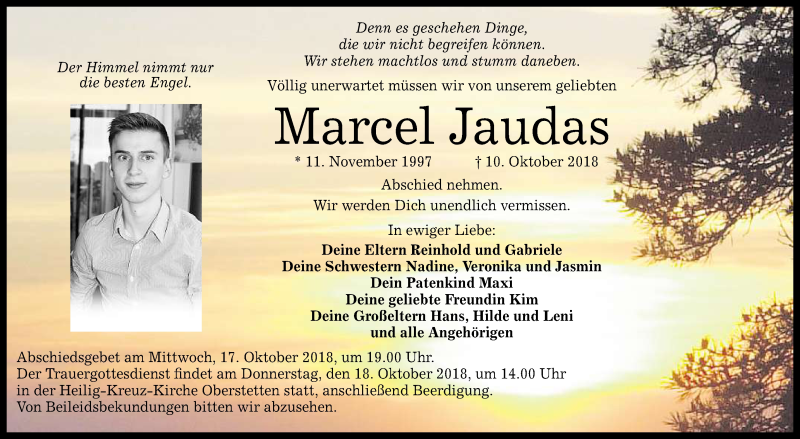  Traueranzeige für Marcel Jaudas vom 16.10.2018 aus Reutlinger General-Anzeiger
