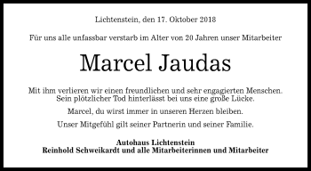 Anzeige von Marcel Jaudas von Reutlinger General-Anzeiger