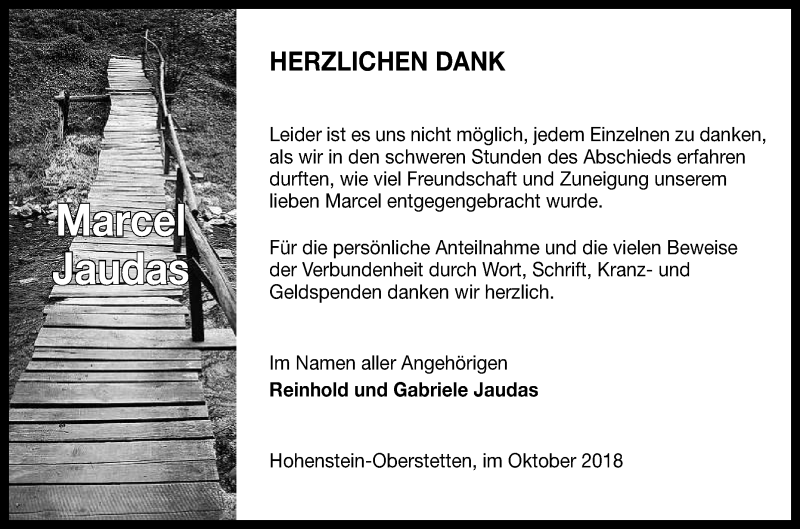  Traueranzeige für Marcel Jaudas vom 27.10.2018 aus Reutlinger General-Anzeiger