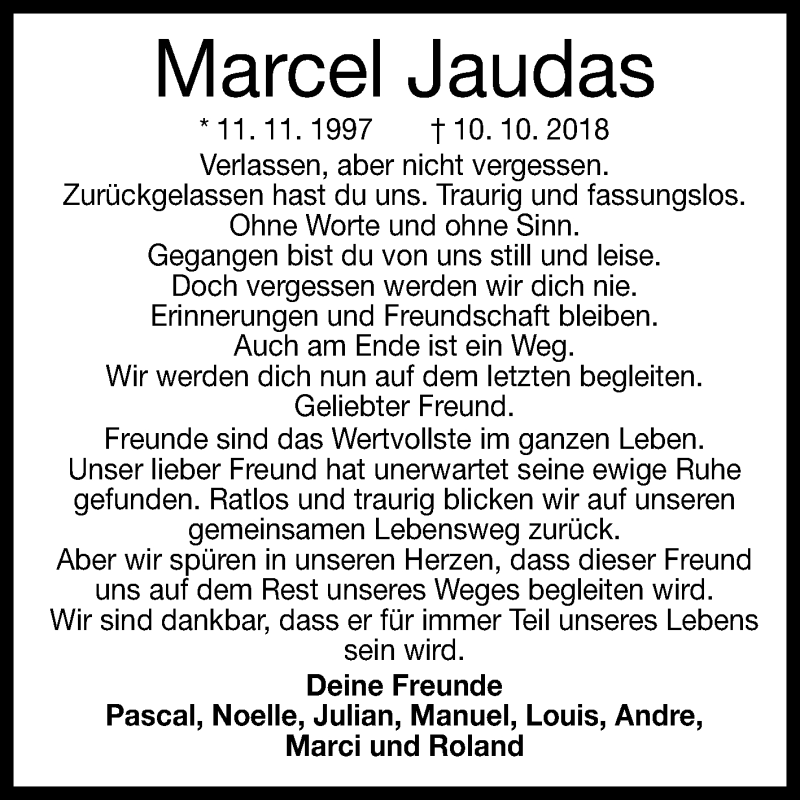  Traueranzeige für Marcel Jaudas vom 18.10.2018 aus Reutlinger General-Anzeiger