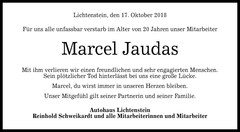  Traueranzeige für Marcel Jaudas vom 17.10.2018 aus Reutlinger General-Anzeiger