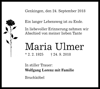 Anzeige von Maria Ulmer von Reutlinger General-Anzeiger