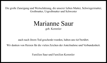 Anzeige von Marianne Saur von Reutlinger General-Anzeiger