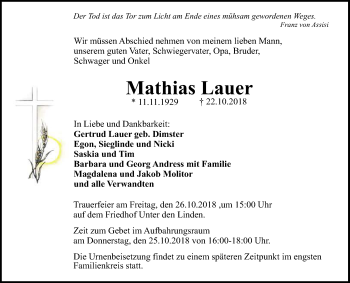 Anzeige von Mathias Lauer von Reutlinger General-Anzeiger