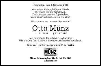 Anzeige von Otto Münz von Reutlinger General-Anzeiger