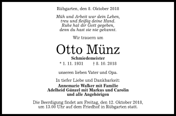 Anzeige von Otto Münz von Reutlinger General-Anzeiger