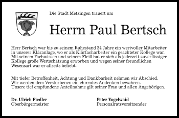 Anzeige von Paul Bertsch von Reutlinger General-Anzeiger