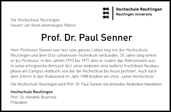 Anzeige von Paul Senner von Reutlinger General-Anzeiger