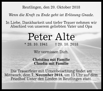 Anzeige von Peter Alte von Reutlinger General-Anzeiger