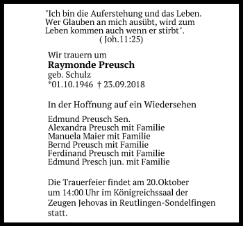 Anzeige von Raymonde Preusch von Reutlinger General-Anzeiger