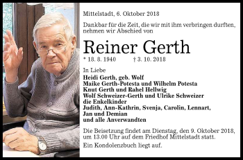 Anzeige von Reiner Gerth von Reutlinger General-Anzeiger