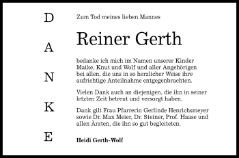 Anzeige von Reiner Gerth von Reutlinger General-Anzeiger