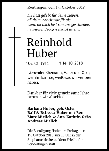 Anzeige von Reinhold Huber von Reutlinger General-Anzeiger