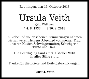 Anzeige von Ursula Veith von Reutlinger General-Anzeiger