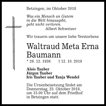 Anzeige von Waltraud Meta Erna Baumann von Reutlinger General-Anzeiger