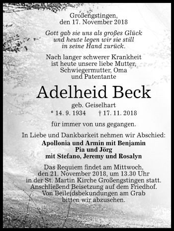 Anzeige von Adelheid Beck von Reutlinger General-Anzeiger