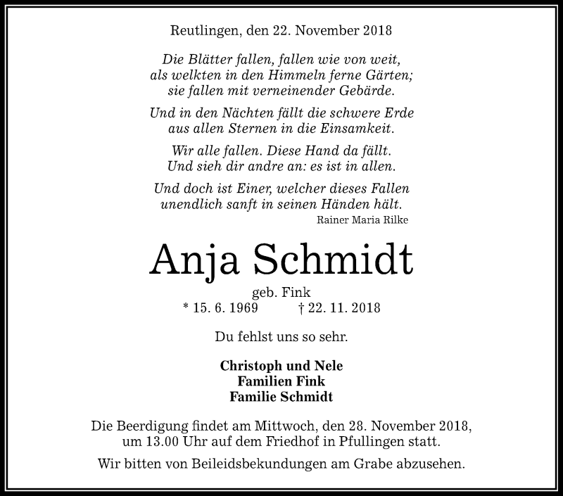  Traueranzeige für Anja Schmidt vom 26.11.2018 aus Reutlinger General-Anzeiger