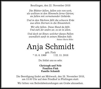 Anzeige von Anja Schmidt von Reutlinger General-Anzeiger