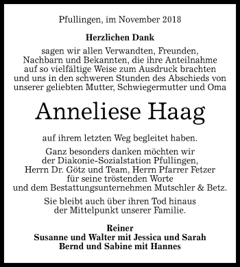 Anzeige von Anneliese Haag von Reutlinger General-Anzeiger