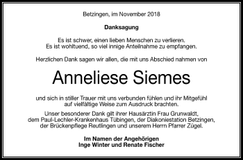 Anzeige von Anneliese Siemes von Reutlinger General-Anzeiger