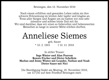 Anzeige von Anneliese Siemes von Reutlinger General-Anzeiger