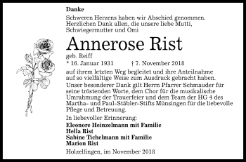 Anzeige von Annerose Rist von Reutlinger General-Anzeiger