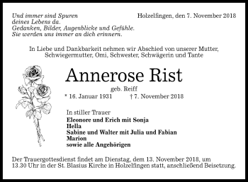 Anzeige von Annerose Rist von Reutlinger General-Anzeiger