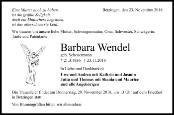 Anzeige von Barbara Wendel von Reutlinger General-Anzeiger