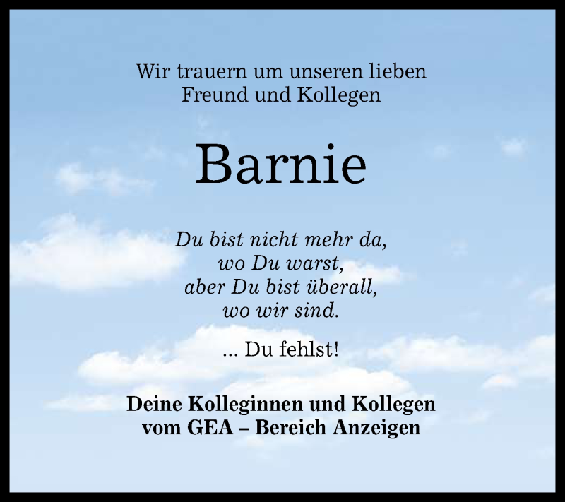  Traueranzeige für Barnie  vom 08.11.2018 aus Reutlinger General-Anzeiger