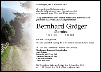 Anzeige von Bernhard Gröger von Reutlinger General-Anzeiger