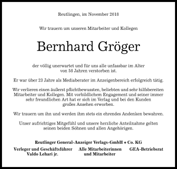 Anzeige von Bernhard Gröger von Reutlinger General-Anzeiger