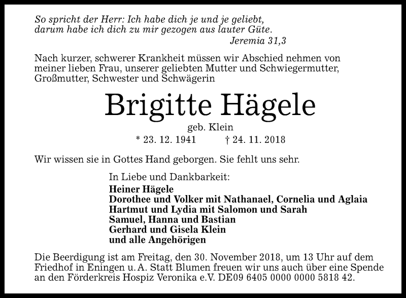  Traueranzeige für Brigitte Hägele vom 27.11.2018 aus Reutlinger General-Anzeiger