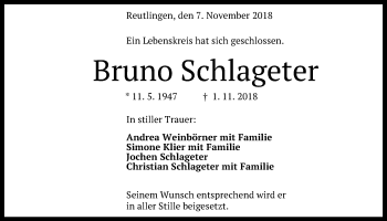 Anzeige von Bruno Schlageter von Reutlinger General-Anzeiger