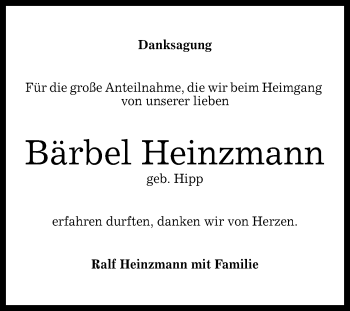 Anzeige von Bärbel Heinzmann von Reutlinger General-Anzeiger
