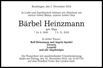 Anzeige von Bärbel Heinzmann von Reutlinger General-Anzeiger