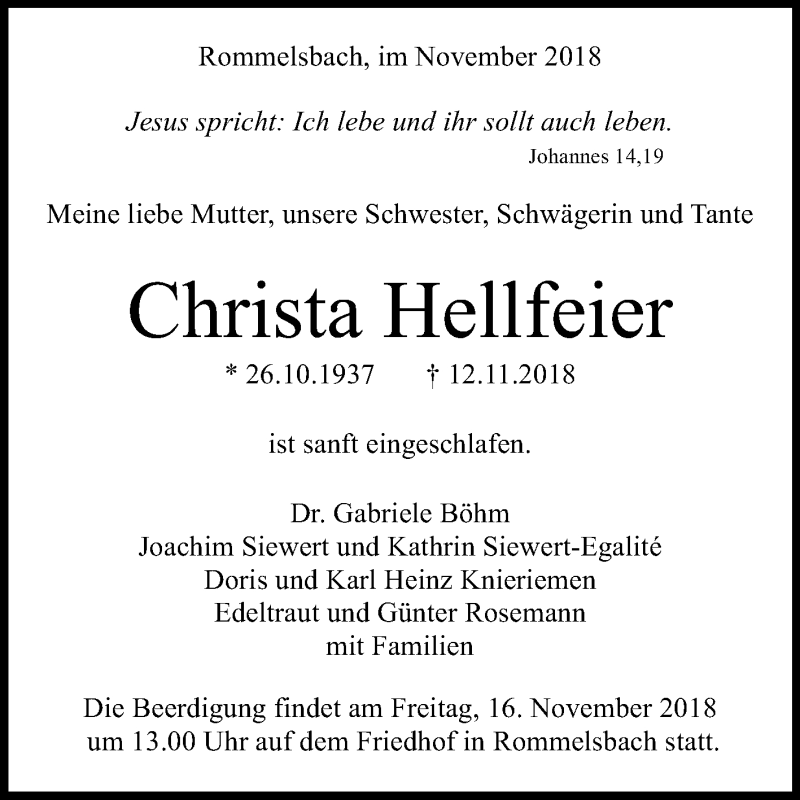  Traueranzeige für Christa Hellfeier vom 14.11.2018 aus Reutlinger General-Anzeiger