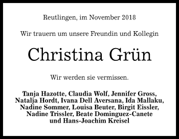 Anzeige von Christina Grün von Reutlinger General-Anzeiger