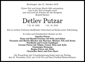 Anzeige von Detlev Putzar von Reutlinger General-Anzeiger