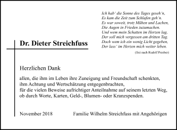 Anzeige von Dieter Streichfuss von Reutlinger General-Anzeiger