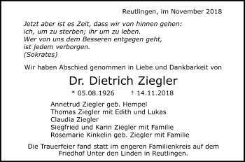Anzeige von Dietrich Ziegler von Reutlinger General-Anzeiger