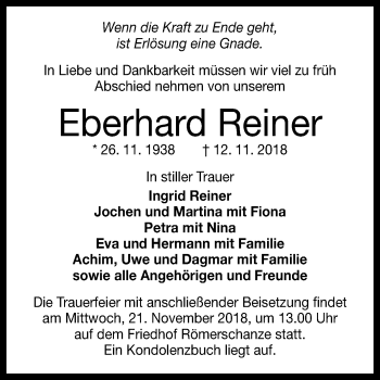 Anzeige von Eberhard Reiner von Reutlinger General-Anzeiger