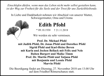 Anzeige von Edith Pfohl von Reutlinger General-Anzeiger