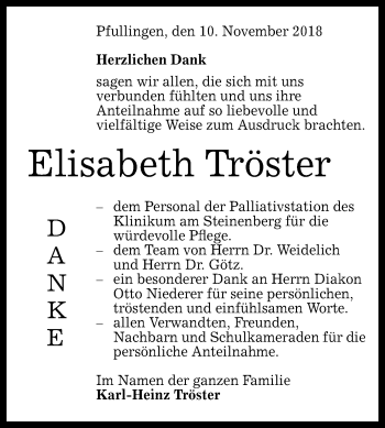 Anzeige von Elisabeth Tröster von Reutlinger General-Anzeiger