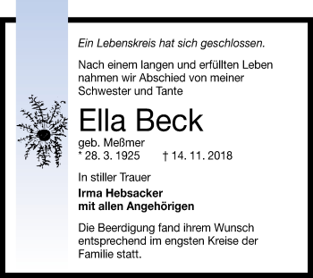 Anzeige von Ella Beck von Reutlinger General-Anzeiger