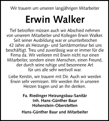 Anzeige von Erwin Walker von Reutlinger General-Anzeiger